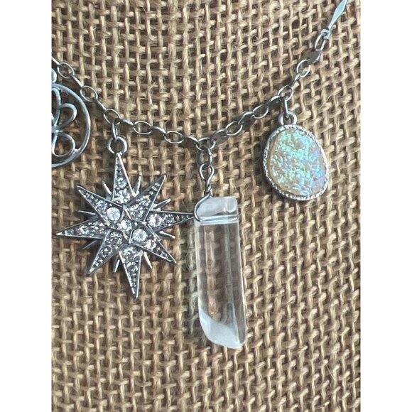 Celestial Charm Silver Tone Necklace Bar Chain Slide Clasp Clear Rhinestone Adj - Picture 2 of 5